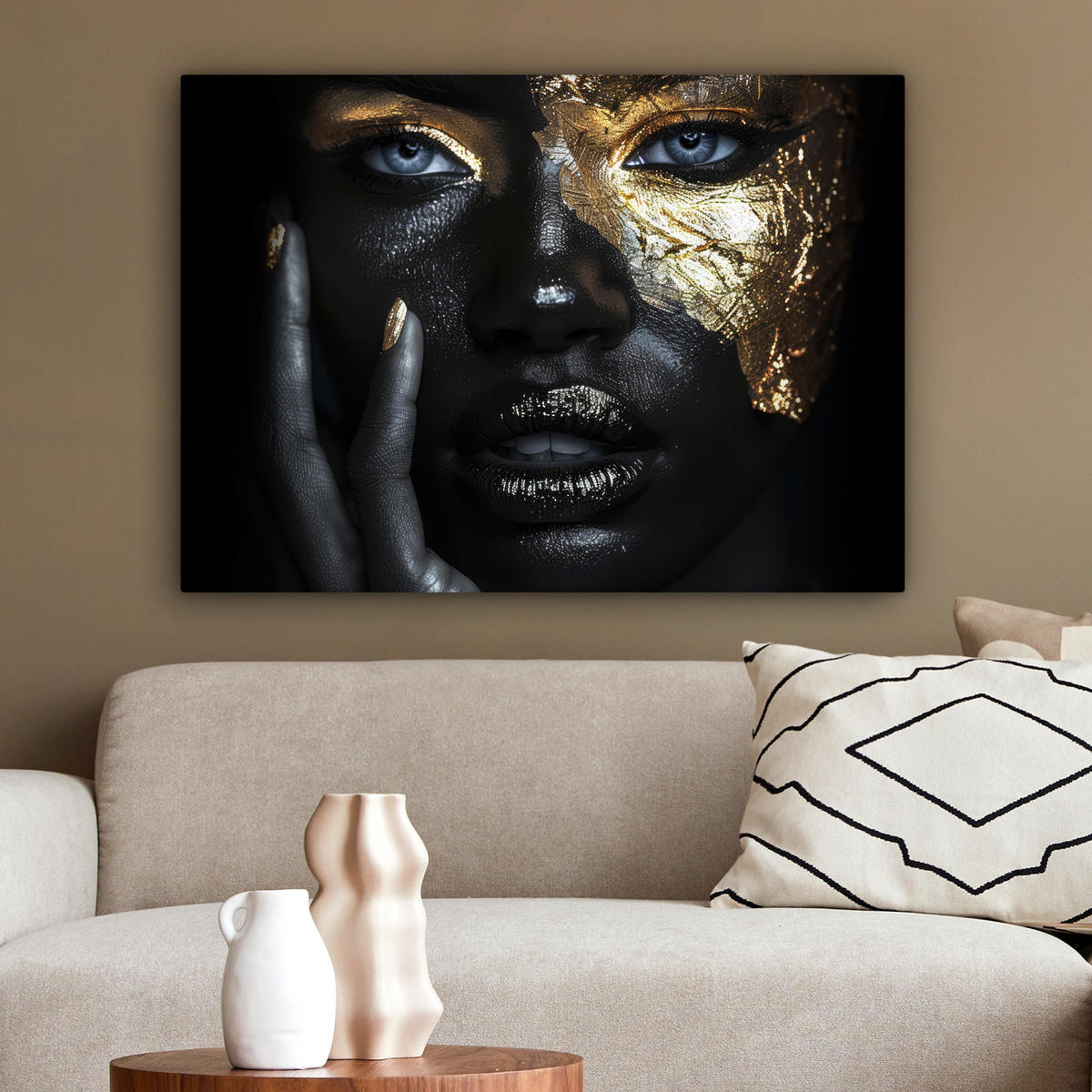 LEINWANDBILD Frau - Gold - Porträt - Schwarz-Weiß - Luxus Wandbilder 80x60 cm - Hellblau, Textil (80/60cm) - MuchoWow