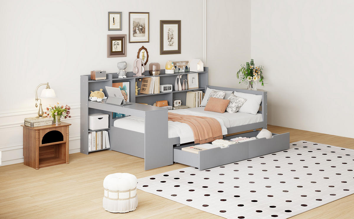 SCHLAFSOFA mit Schreibtisch 90x200 cm Massivholz Grau - Grau, Holz (90/200cm) - Meubliv