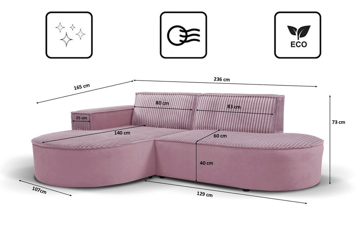 ECKSOFA L-förmiges Modena Soft Rosa Links - Rosa, Holz (165/236cm) - Kaiser Möbel