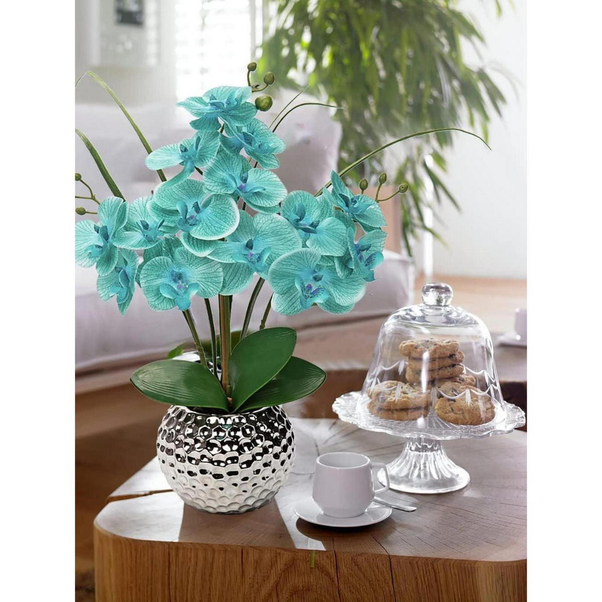 KUNSTBLUME Orchidee Phalaenopsis mit Keramiktopf Hellblau 49 cm - Türkis, Keramik (45cm)