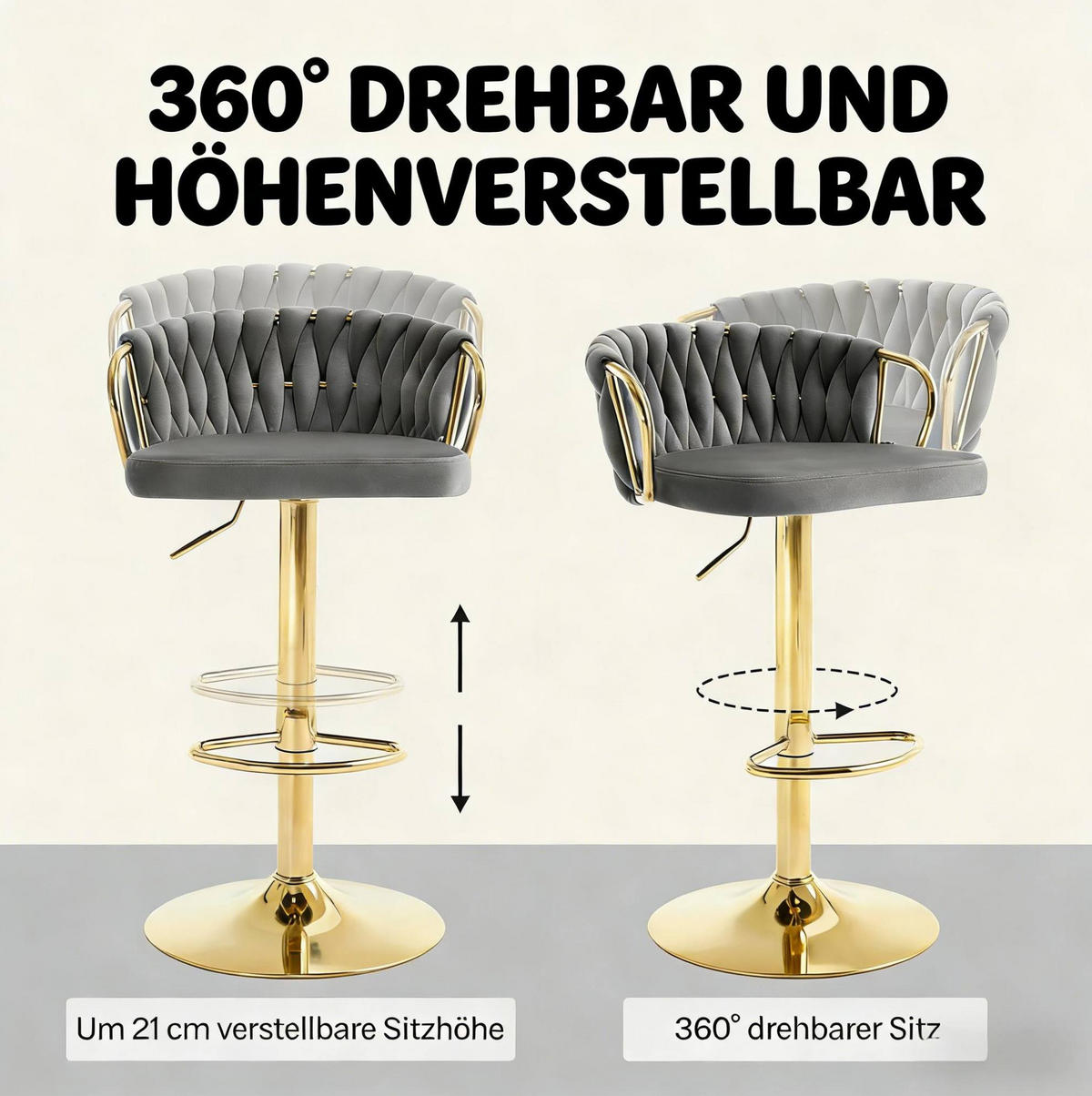 BARHOCKER höhenverstellbar mit Armlehnen 49,5 x 50,5 x 77-98 cm Samt Dunkelgrau - Dunkelgrau, Metall (49.5/98/50.5cm) - Meubliv
