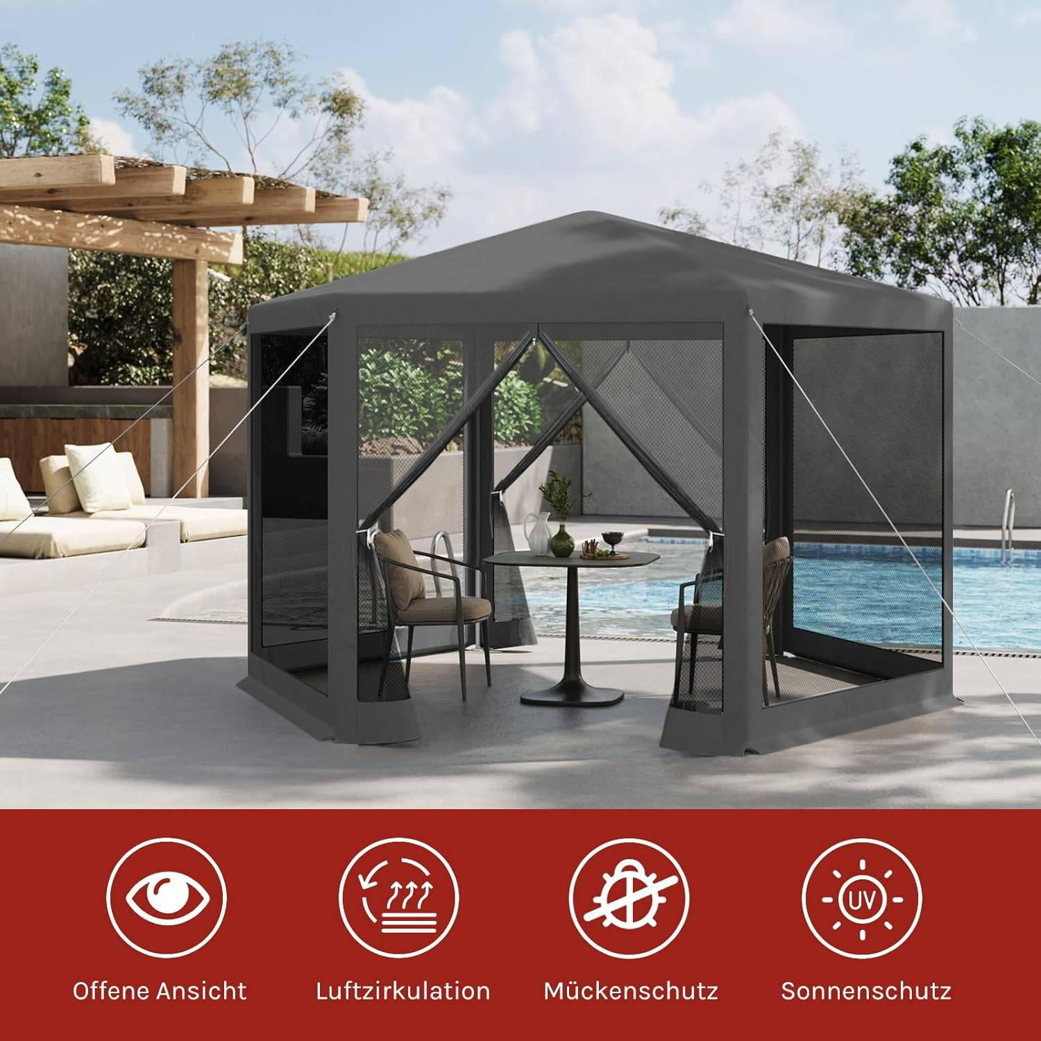 PAVILLON 3,8x3,3 m seckeckig, Gartenpavillon mit Seitenwänden Moskitonetz - Grau, Metall (380/250/330cm) - Woltu