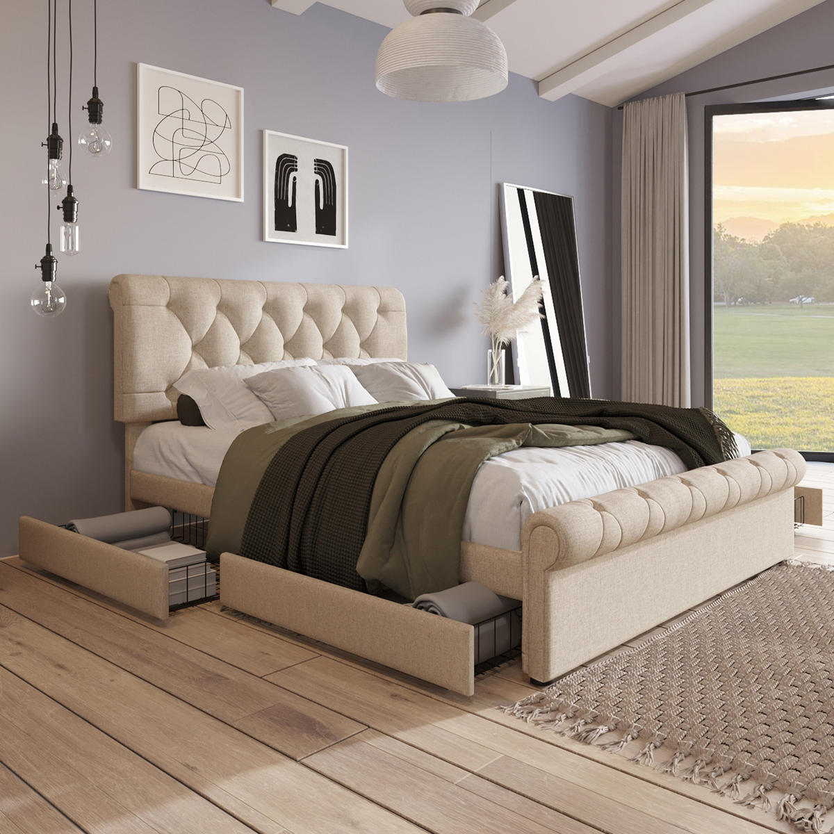 POLSTERBETT 140/200 cm Natur mit 4 Schubladen und höhenverstellbarem Kopfteil mit Matratze - Naturfarben, Metall (140/200cm) - OKWISH