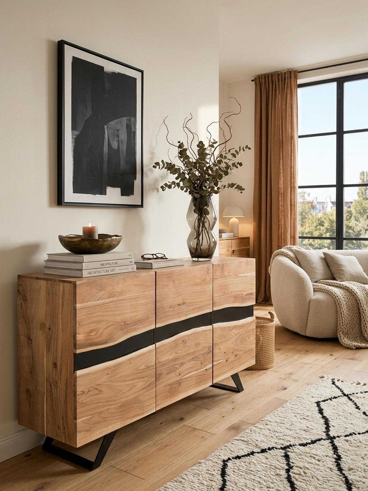 SIDEBOARD – Akazie Massivholz, 148x85x43 cm, Baumkante, Landhausstil, breit - Schwarz/Braun, Akazienholz/Holz (148/85/43cm) - KADIMA DESIGN
