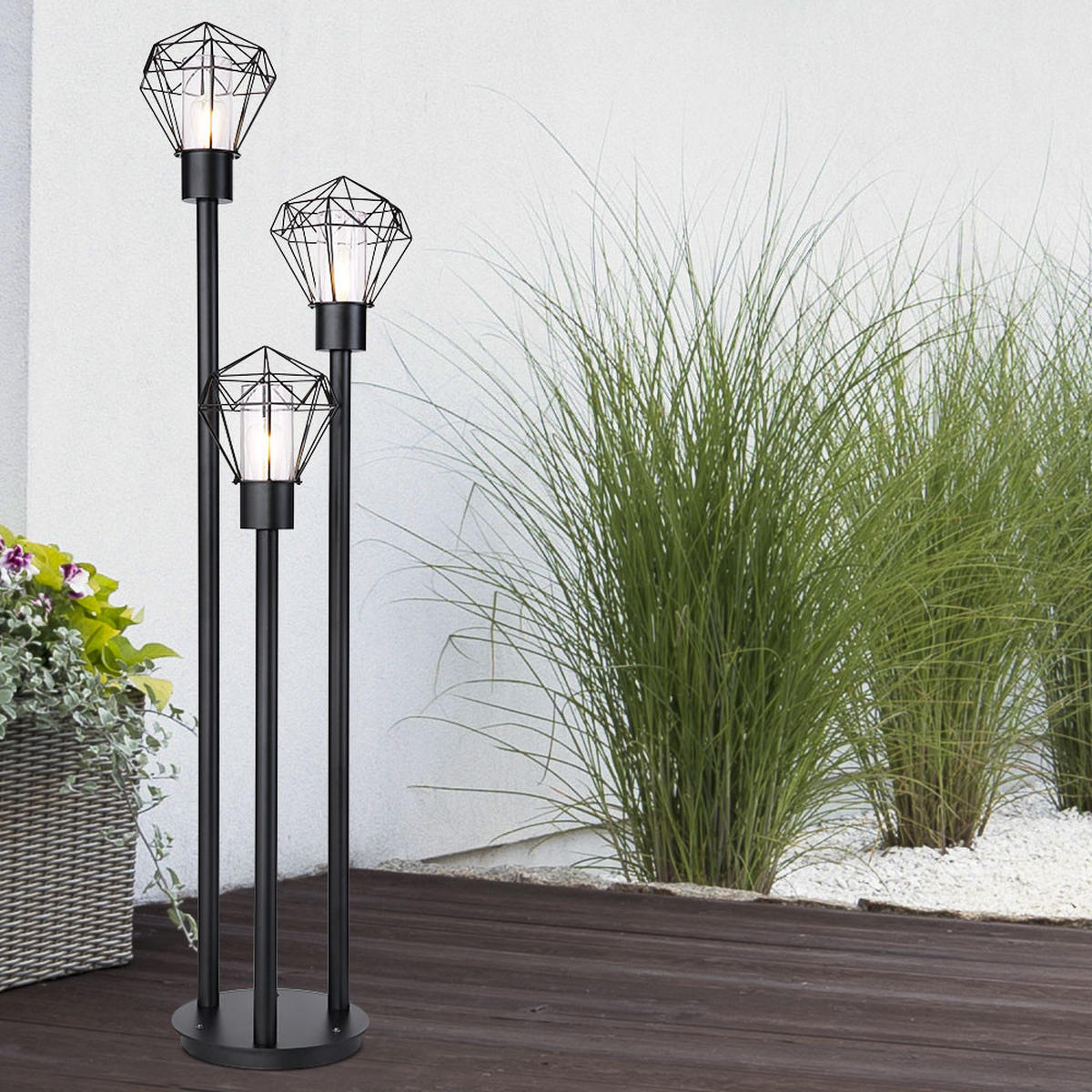 STEHLEUCHTE Metall Schwarz Gitter 3 flammig - Schwarz, Metall (44.2/44.5/170cm) - Globo Lighting