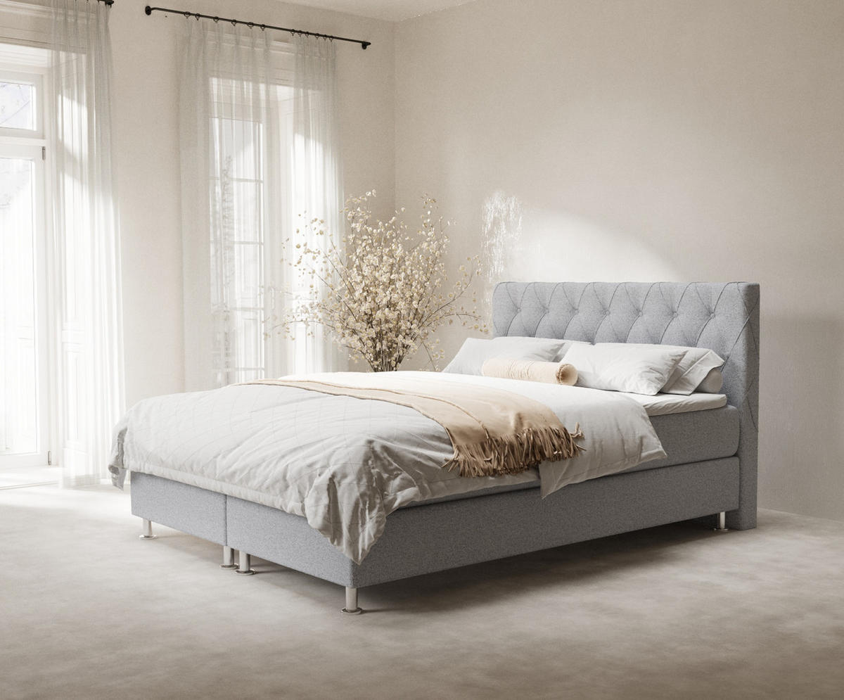 BOXSPRINGBETT Otus Hellgrau 200/200 cm mit Latex-Topper - Silberfarben/Hellgrau, Holz/Holzwerkstoff (200/200cm) - Maison de Reve