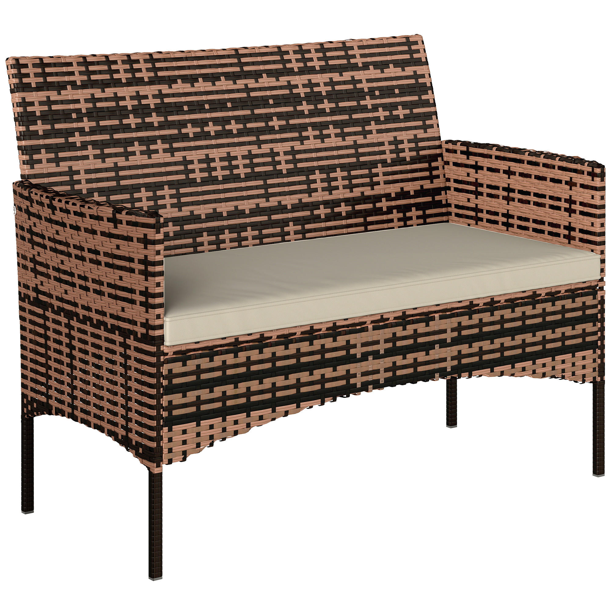 GARTENBANK aus PE-Rattan mit Auflage, Khaki - Beige/Schwarz, Textil/Metall - Outsunny