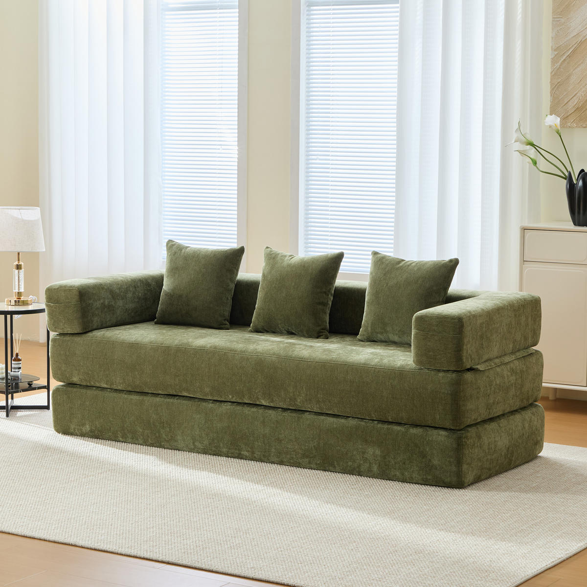 3-SITZER SOFA Chenille Grün mit Seitentaschen und rutschfester Unterseite - Grün, Holzwerkstoff/Textil (198/60/79cm) - WISHDOR