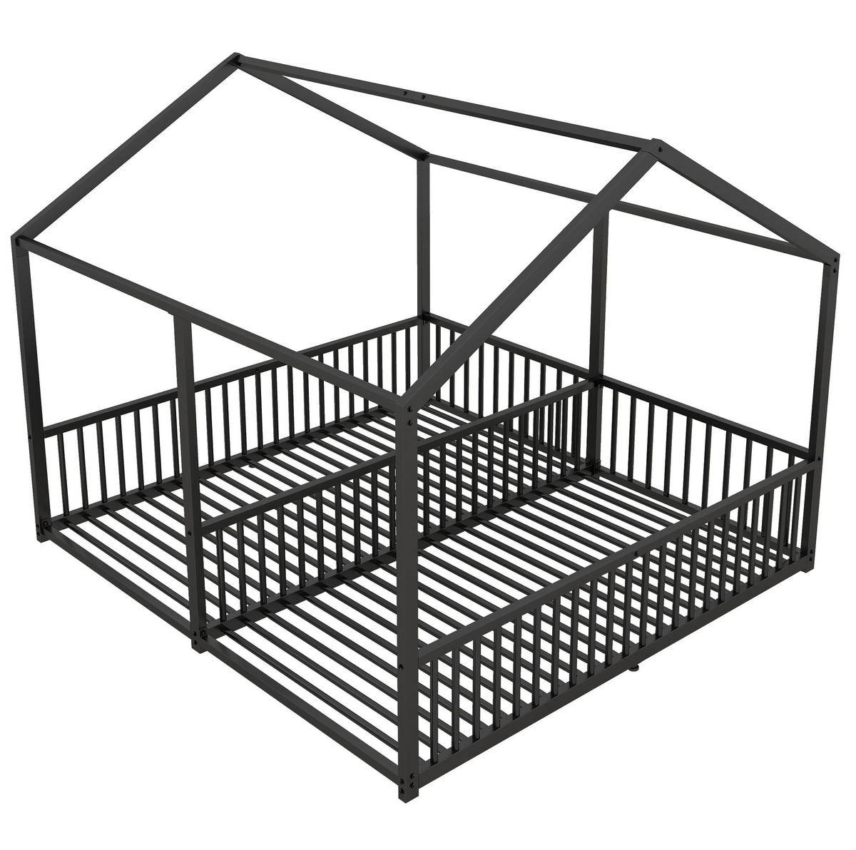 METALLBETT aus Metall 90x200 cm Schwarz mit Sicherheitsgeländer, Leiter und Hausform - Schwarz, Metall (90/200cm) - Modfu
