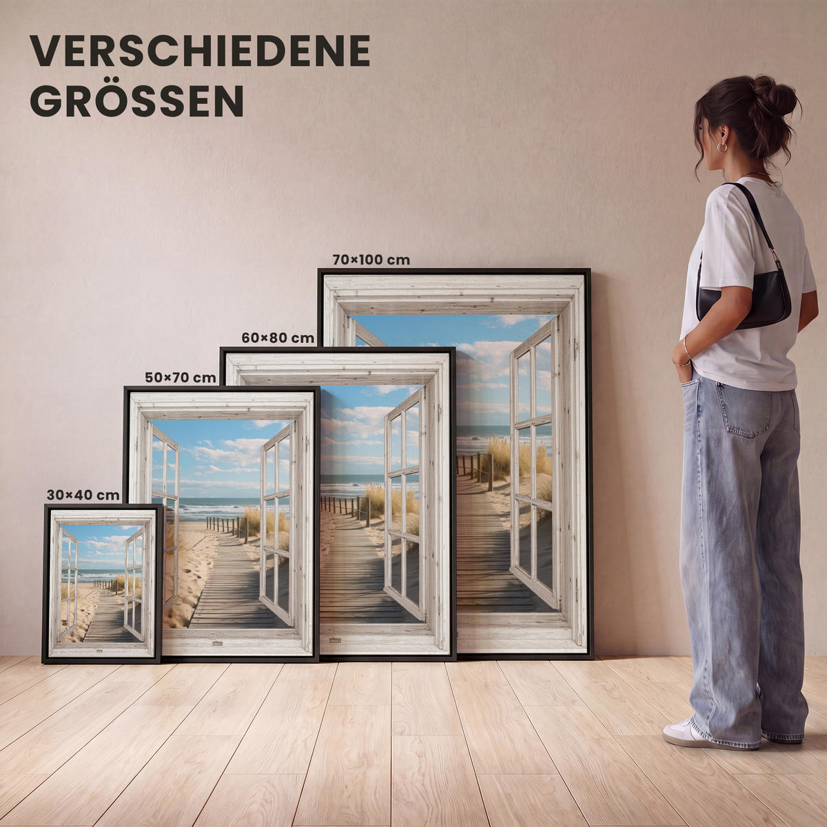 LEINWAND Bilder mit Rahmen - Fenster - Meer - Küste - Natur - Ausblick - Strand - Wattenmeer - 60x80 - Beige, Textil (60/80cm) - MuchoWow