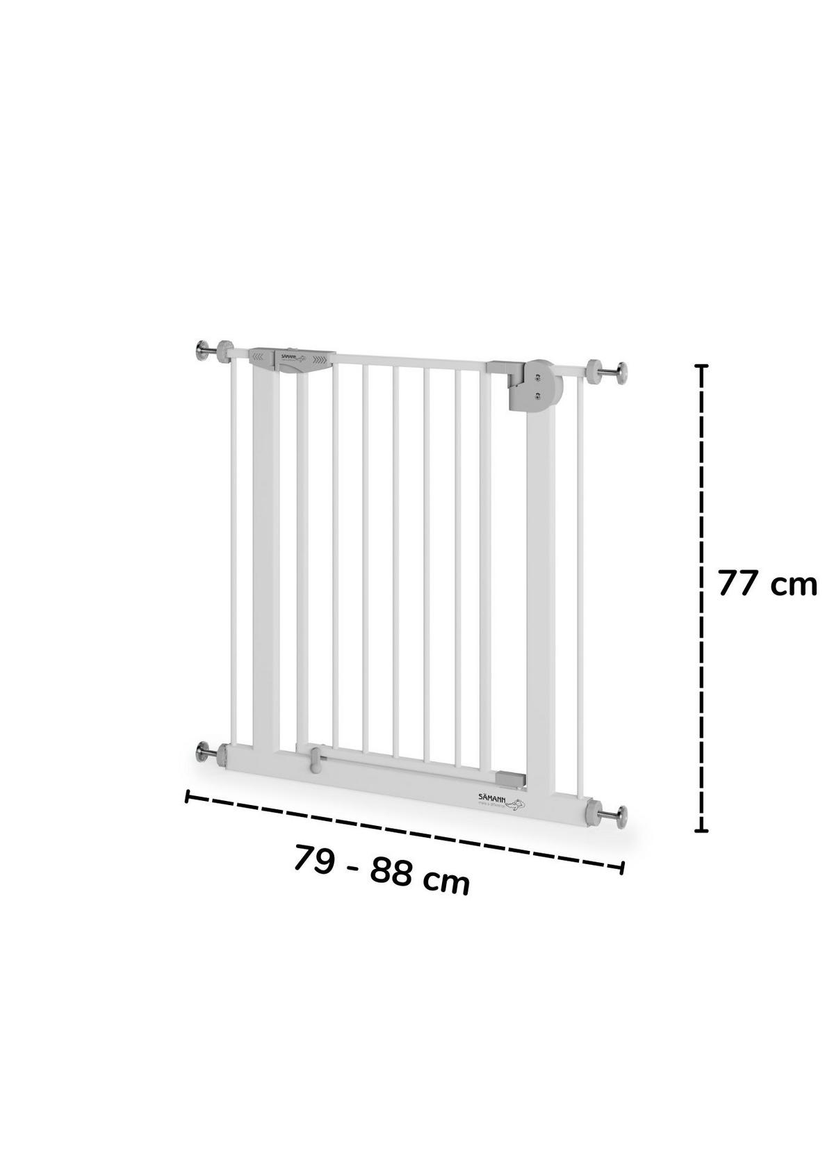 TÜRSCHUTZGITTER & Treppenschutz mit 4x Elefantenfuß, Tür mit 90° Stop, ohne Bohren 79-88 cm - Weiß, Metall (88/5cm) - Sämann – make a difference.