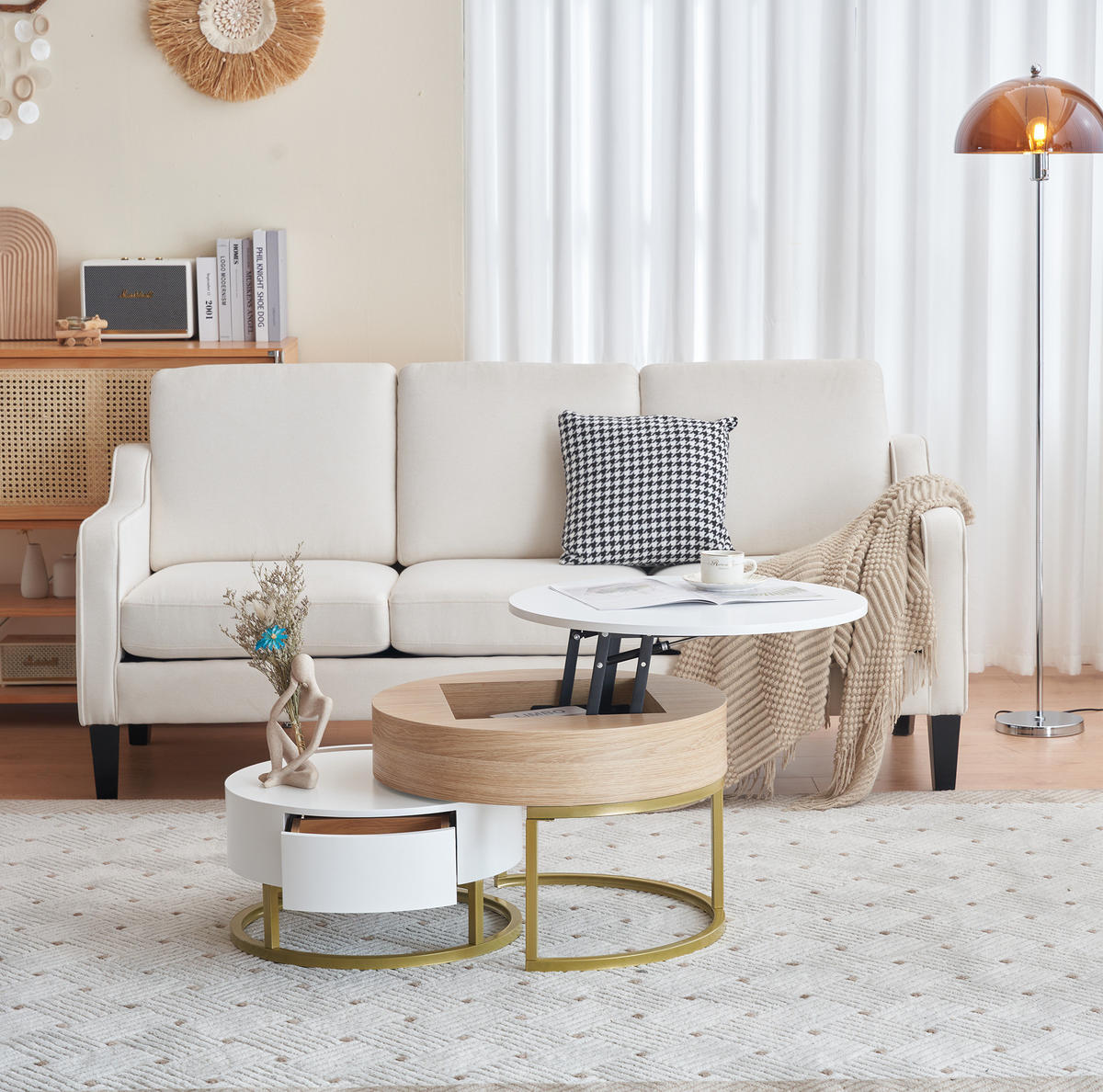 COUCHTISCH-SET 70/70/56 und 60/60/27 cm in Weiß mit Holzoptik, höhenverstellbar - Weiß, Holzwerkstoff (70/70/56.5cm) - Flora Grace