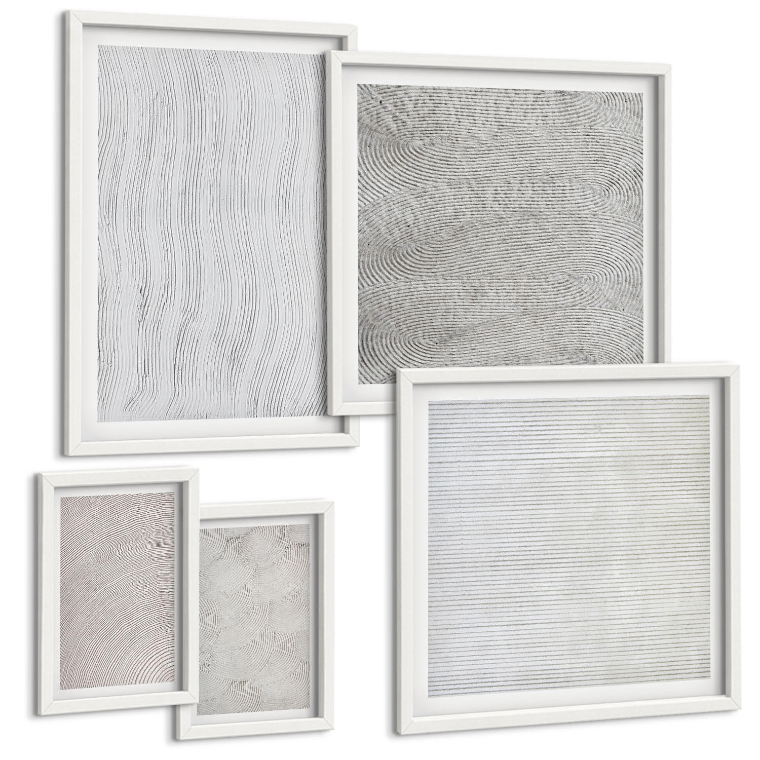 BILDER SET 5er Set - 50x50 cm & 20x30 cm & 40x60 cm Weißer Rahmen - Sandmuster geometrische Strukturen - Weiß, Kunststoff (40/60cm) - TULUP