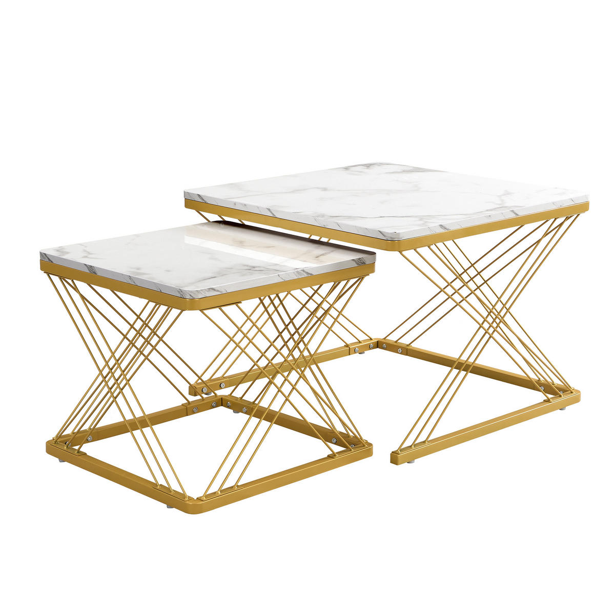 COUCHTISCH Set 60/60/45 cm & 45/45/40 cm hochglänzende Marmoroptik mit höhenverstellbaren Füßen - Weiß, Holzwerkstoff (60/60/45cm) - OKWISH