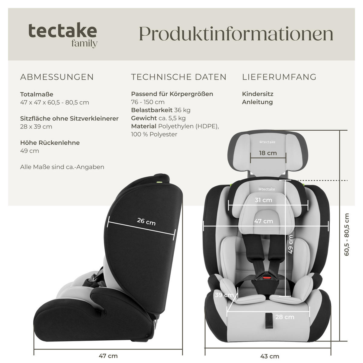 AUTOSITZ Sophie,von 76 bis 150 cm, Belastbarkeit 36 kg,hellgrau/schwarz - Hellgrau/Schwarz, Kunststoff (47/80.5/47cm) - tectake