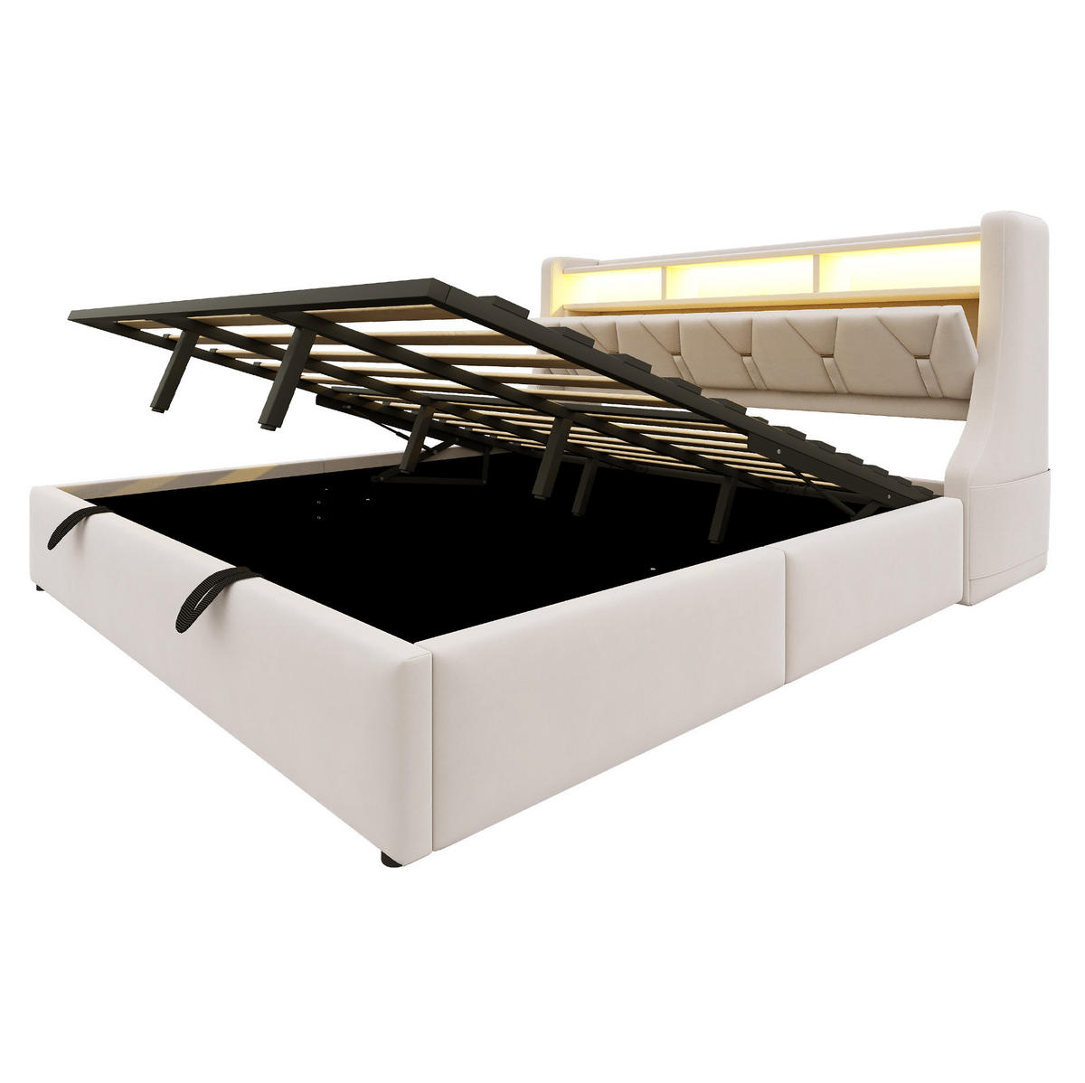 ČALÚNENÁ posteľ 180/200 cm s LED osvetlením, úložným priestorom a zásuvkami USB/Typ-C, Béžová - béžová, textil (180/200cm) - Redom