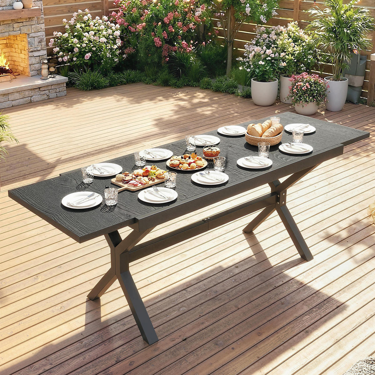 GARTENTISCH DE-14202 154-214 cm, Holzoptik Anthrazit - Dunkelgrau, Metall (214/85/73cm) - ComfortXL
