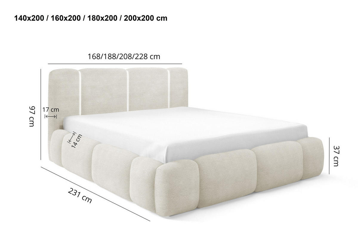 DOPPELBETT 140x200 Avelin mit Bettkasten, LED, Bouclé, Orange - Orange, Holz/Metall (140/200cm) - Emporius