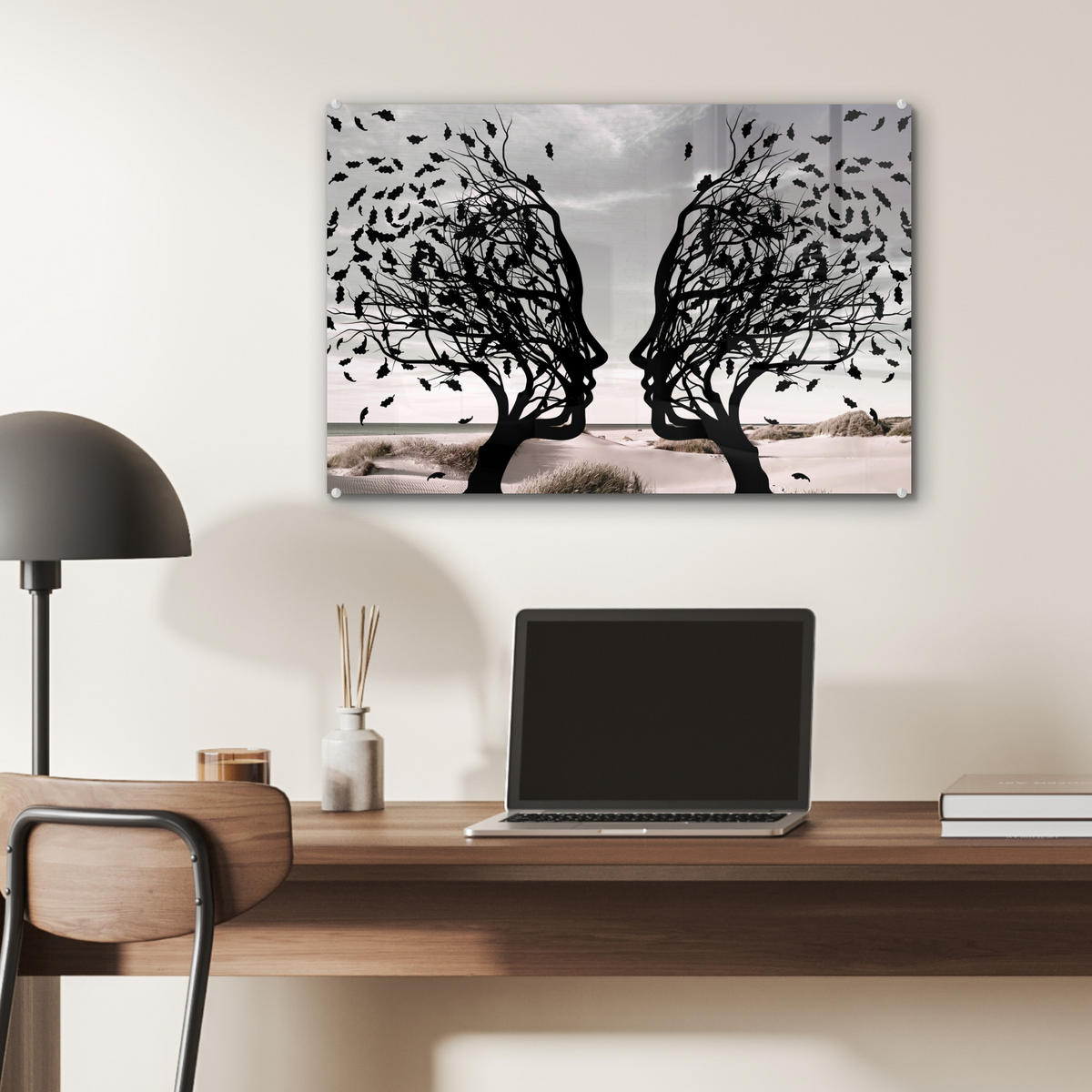 ACRYLGLASBILD Strand - Meer - Menschen - Baum - Moderne Kunst 60x40 cm - Hellgrau, Glas (60/40cm) - MuchoWow