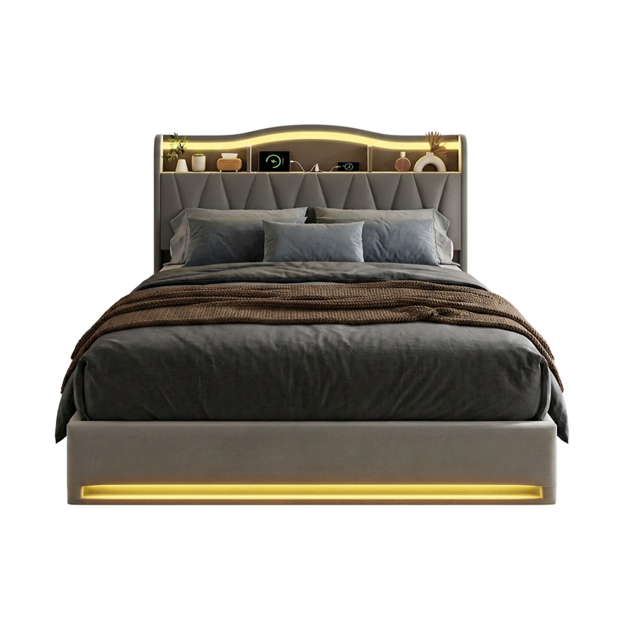 POLSTERBETT 140x200 mit stauraum, doppelbett mit LED, Bettkasten, Lattenrost, USB, Kopfteil, Samtstoff, Grau - Grau, Holz/Textil (140/200cm) - GENKI LIVING