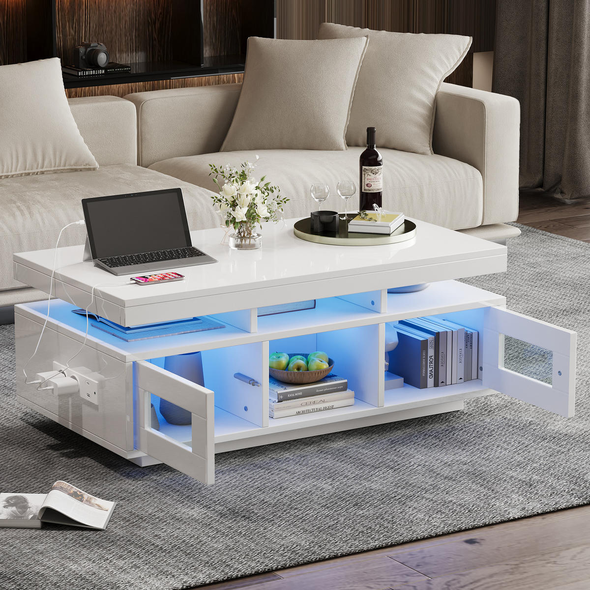 COUCHTISCH mit LED und Steckdose 100x50x43 cm Hochglanz Weiß - Weiß, Holzwerkstoff (100/50/43cm) - Meubliv