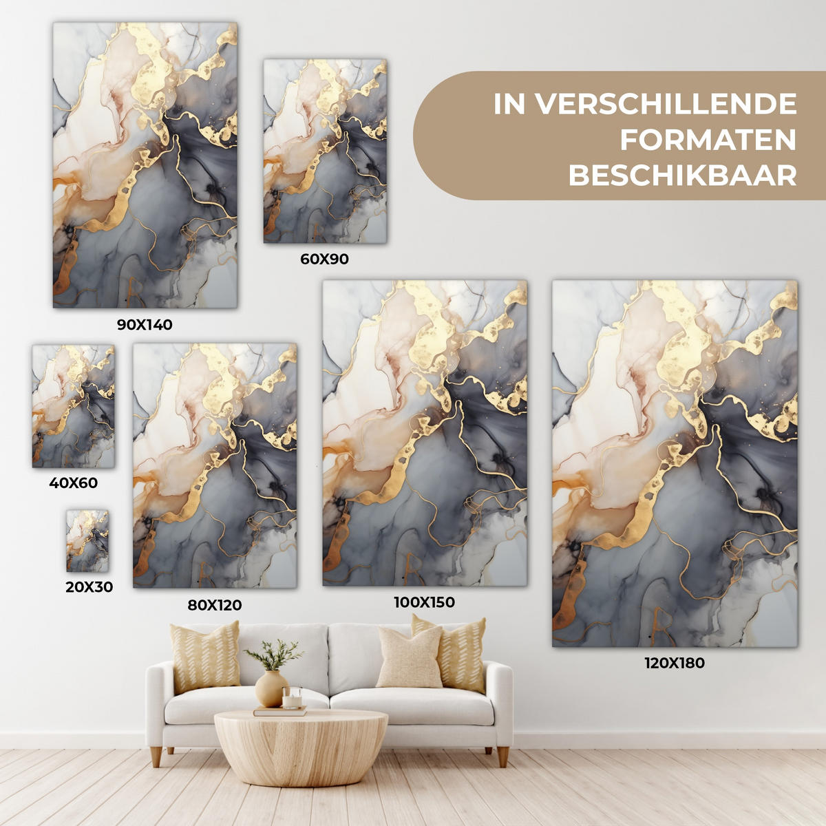 LEINWANDBILD Marmor - Schwarz - Gold - Weiß Wanddeko Schlafzimmer 60x90 cm - Dunkelgrau, Textil (60/90cm) - MuchoWow