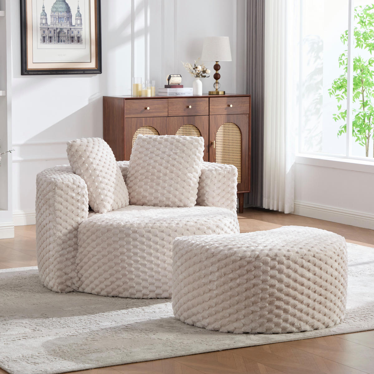 SESSEL DE-35078 mit Hocker Beige - Beige, Textil (116/65/129cm) - ComfortXL