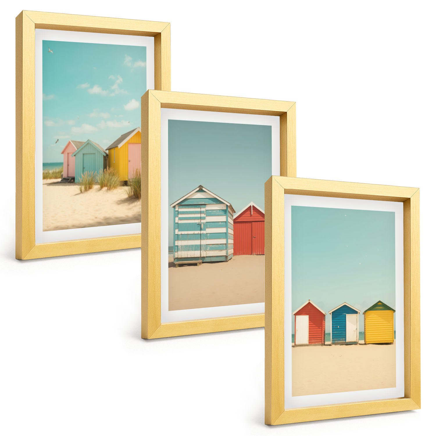 BILDER SET 3er Set - 20x30 cm Goldrahmen - Bunte Häuser, Strand, Sonne - Goldfarben, Kunststoff (20/30cm) - TULUP