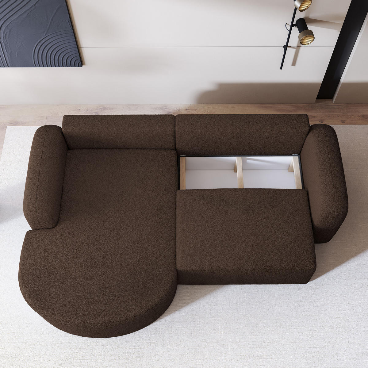 ECKSOFA AMILIA L-S Braun Boucle-Stoff mit Schlaffunktion - Braun, Holz (263/174cm) - MASSENO