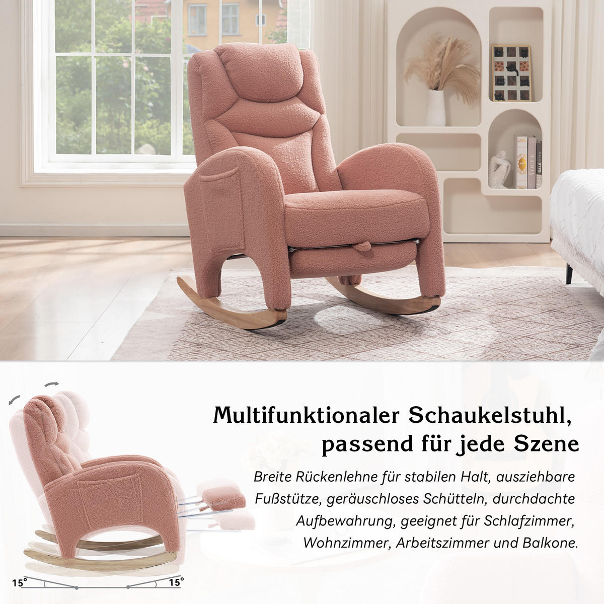 SCHAUKELSTUHL Teddy-Stoff mit klappbarem Fußhocker 66/125/101 cm Rosa - Rosa, Textil (125/101/66cm) - Redom