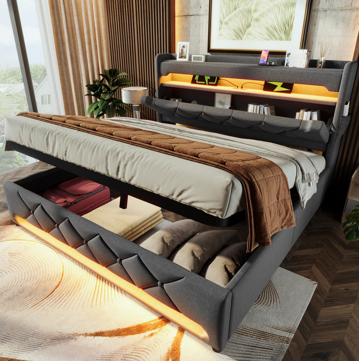 POLSTERBETT 180/200 cm Grau aus Leinen mit LED und Stauraum - Grau, Textil (180/200cm) - OKMYHOME