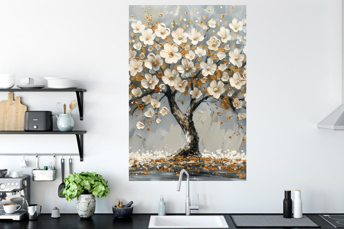 WANDTATTOO Baum - Blumen - Weiß - Natur - Kunst 80x120 cm - Weiß, Kunststoff (80/120/0.1cm) - MuchoWow