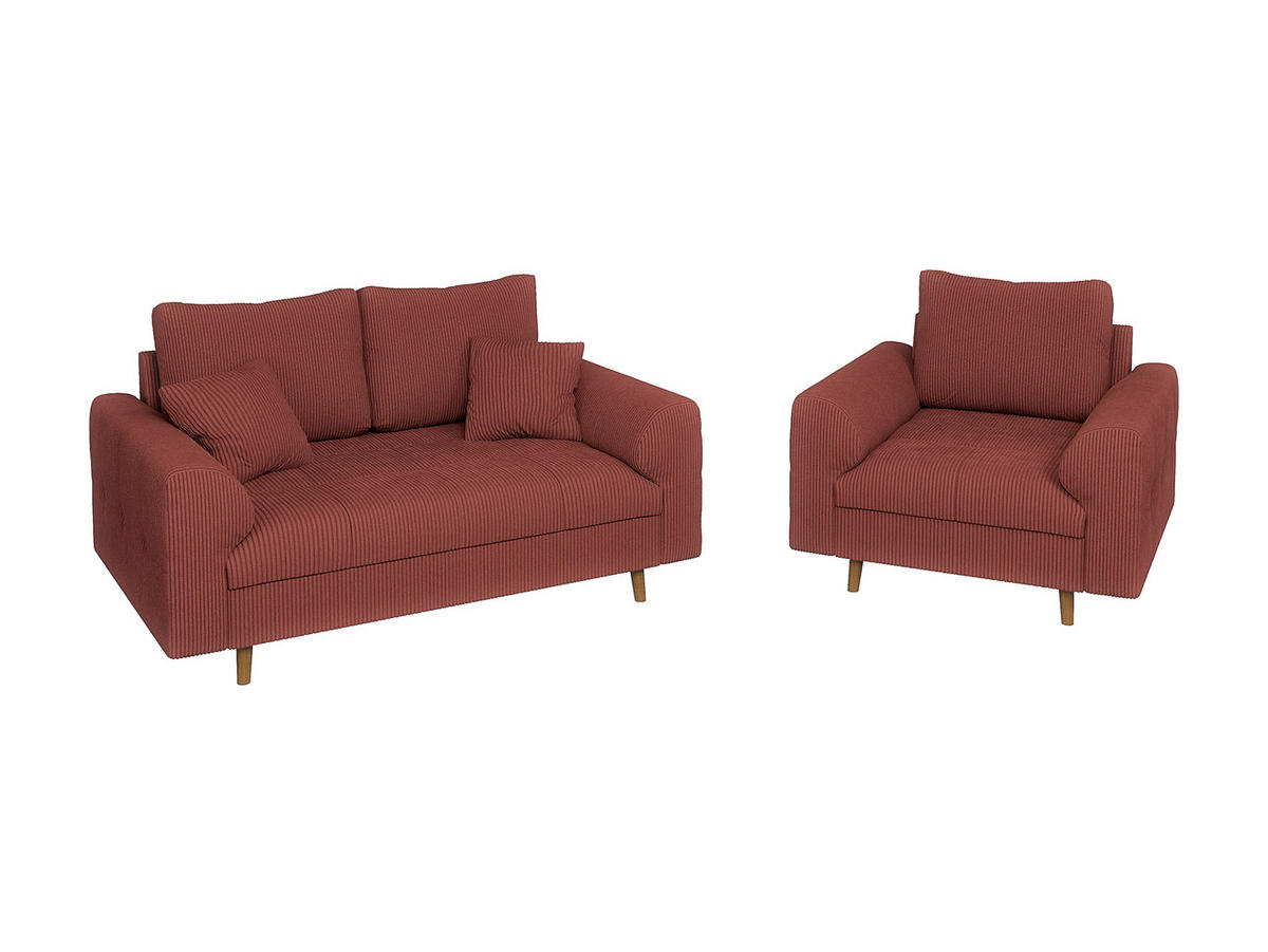 SITZGARNITUR 2+1 Alma Terrakotta Cord - Terra cotta/Braun, Holz/Textil (150/81/93cm) - S-Style Möbel