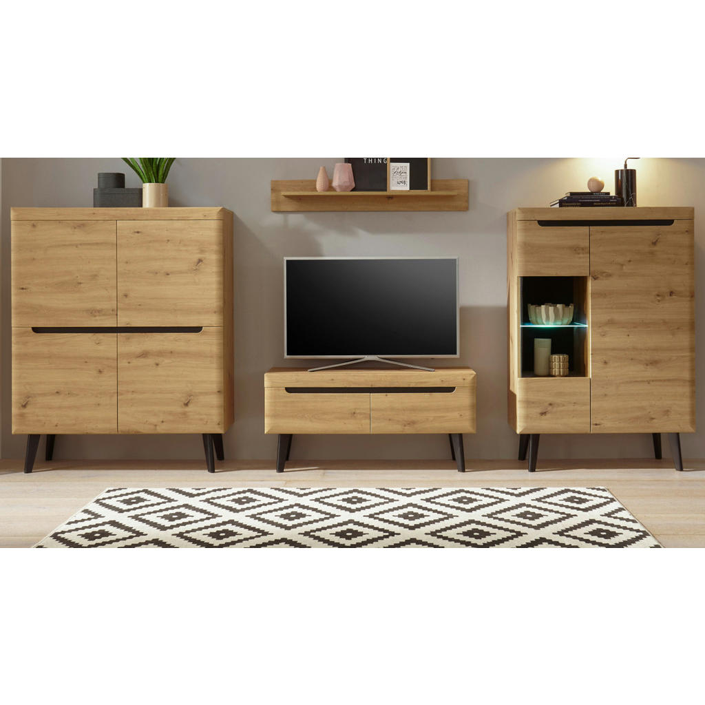 Thumbnail - Furn.Design Wohnwand, Eiche Artisan, Schwarz, Holzwerkstoff, Nachbildung,Eiche, Uni, Holz Optik, 9 Fächer, 2 Schubladen,...