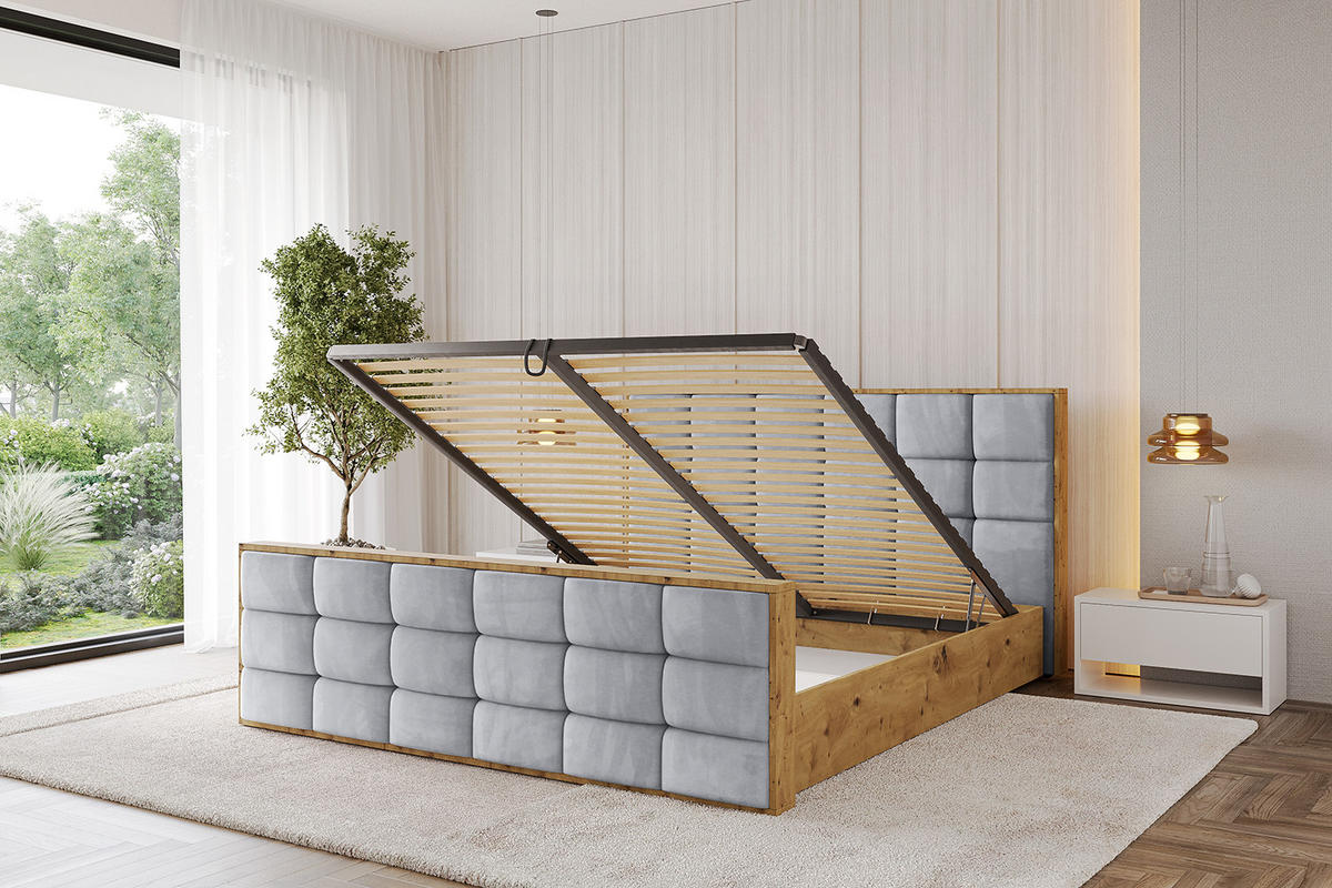 POLSTERBETT mit Bettkasten, Fußteil und Lattenrost, Boxbett ohne Matratze - ENZO2-Z 180x200 Hellgrau - Hellgrau, Holzwerkstoff/Textil (180/200cm) - ALTDECOR