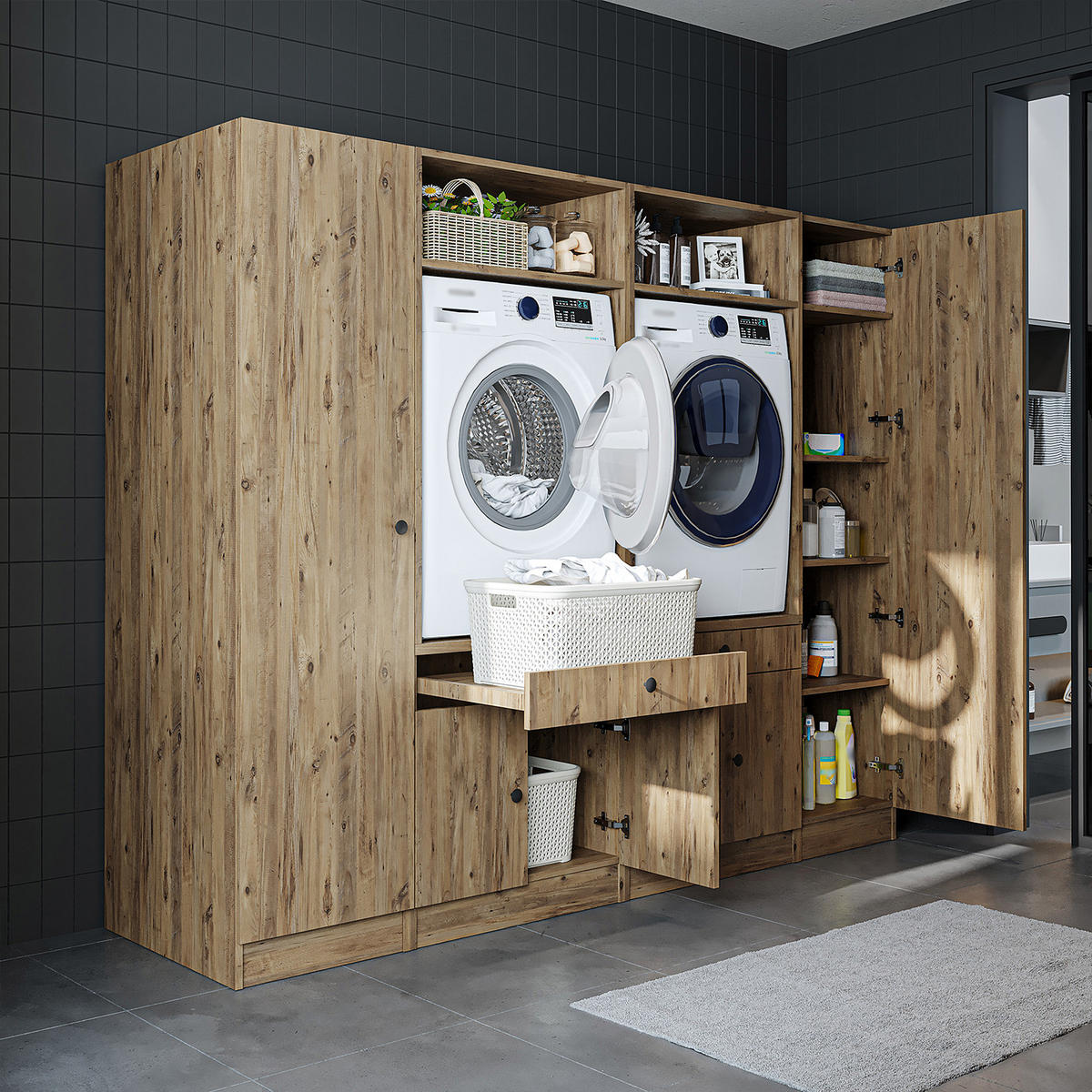 WASCHMASCHINENSCHRANK Serie 1 224cm Breit, 184cm Hoch - Eichefarben, Holzwerkstoff (224/184/67cm)