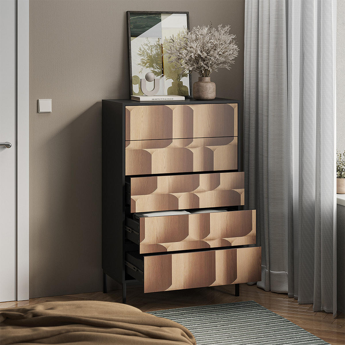 KOMMODE Eliza Schwarz/Eiche 76 x 120 cm mit 5 Schubladen - Eichefarben/Schwarz, Holzwerkstoff (76/120/40cm) - Vicco