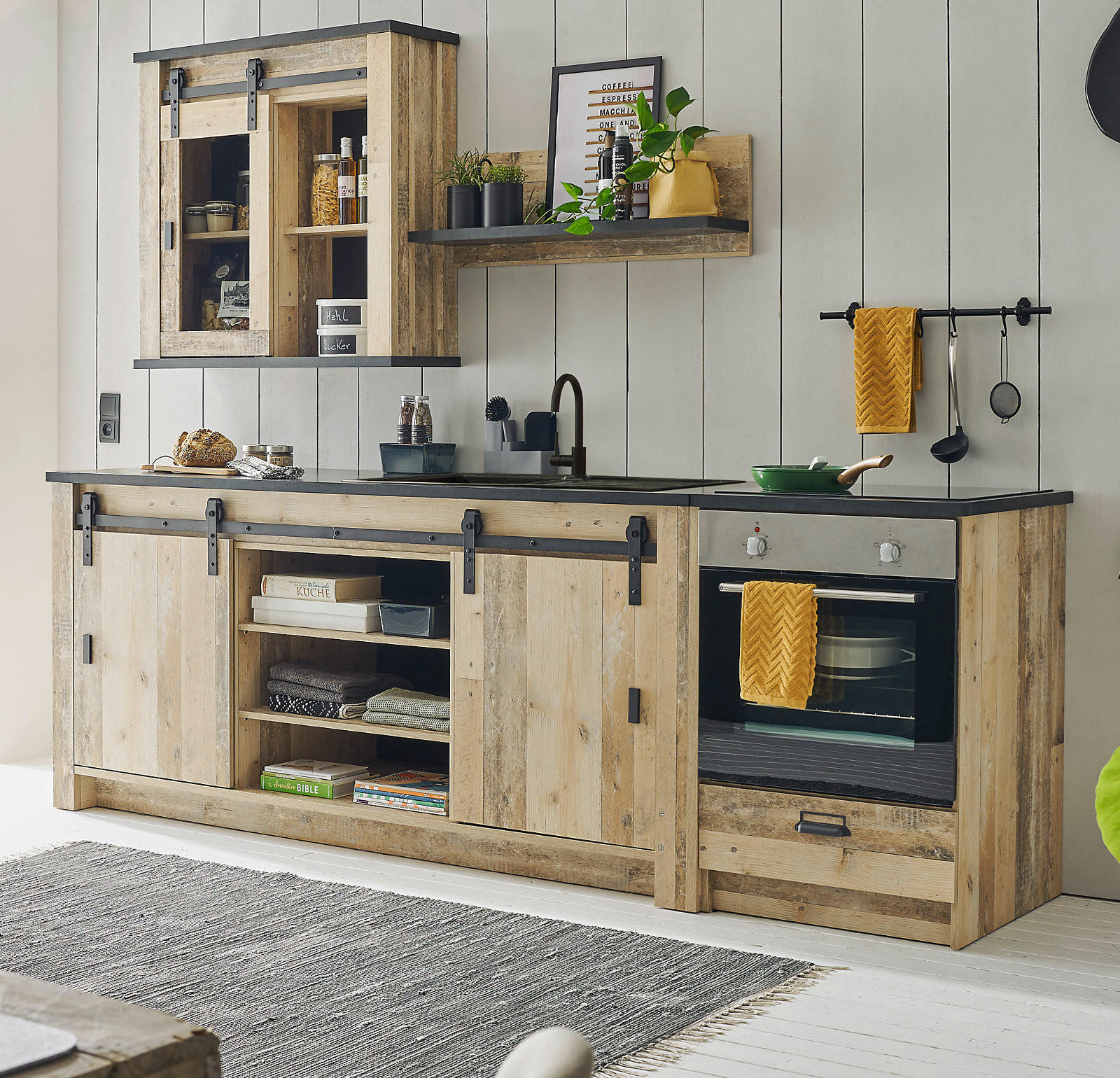 KÜCHENZEILE in Used Wood, anthrazit 204 cm, Küchenschrank Set mit Soft-Close - Anthrazit/Schwarz, Glas/Holzwerkstoff (264/200/64cm) - Furn.Design