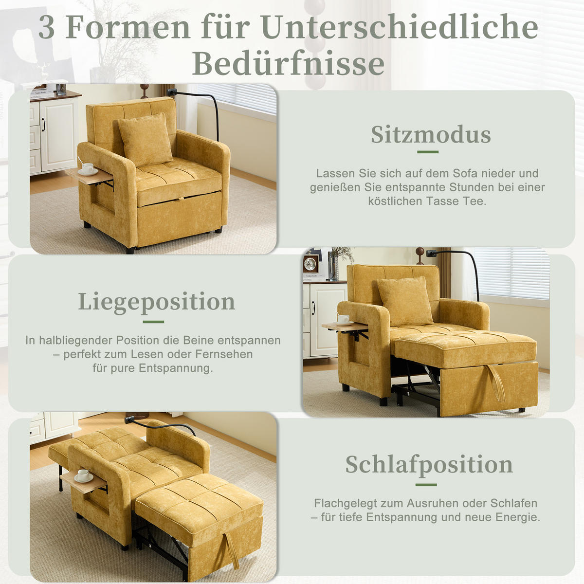SOFA Chenille Senfgelb mit Kissen, Stauraum und verstellbarer Rückenlehne - Gelb, Textil/Metall (79/83/167cm) - WISHDOR
