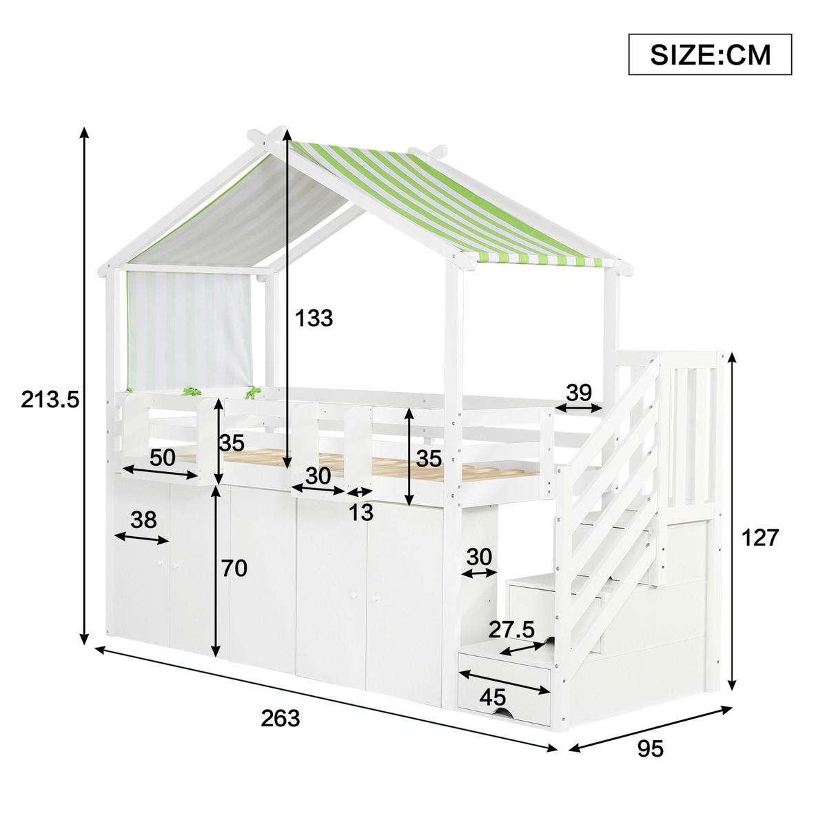 ETAGENBETT aus Kiefer und MDF 90x200 cm Weiß/Grün mit Stauraumtreppe, Schrank, Fallschutz und Dachdesign - Weiß, Holzwerkstoff (90/200cm) - Modfu