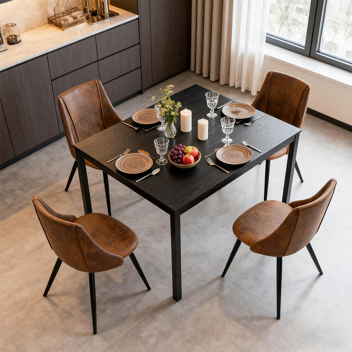 ESSZIMMERGRUPPE mit ausziehbarem Esstisch und 4 braunen Stühlen aus Wildlederimitat, Esszimmer-Set mit Metallbeinen - Multicolor/Schwarz, Metall (44/83/51cm) - Meubles Cosy