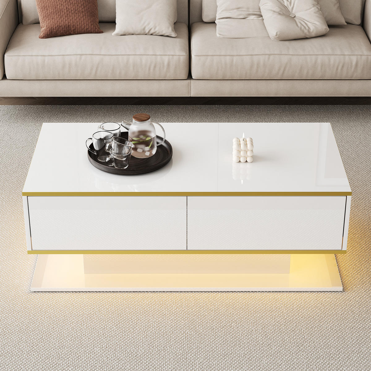 COUCHTISCH 100/50/40 cm Weiß Gold mit LED-Beleuchtung und 3 Schubladen Hochglanz - Weiß, Holzwerkstoff (100/50/40cm) - OKWISH