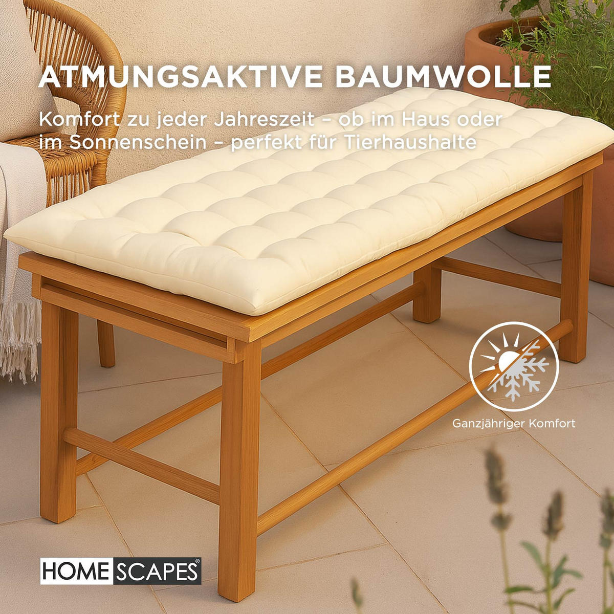 BANKAUFLAGE 3-Sitzer creme 143/48/5 cm - Creme, Textil (143/48/5cm) - Homescapes