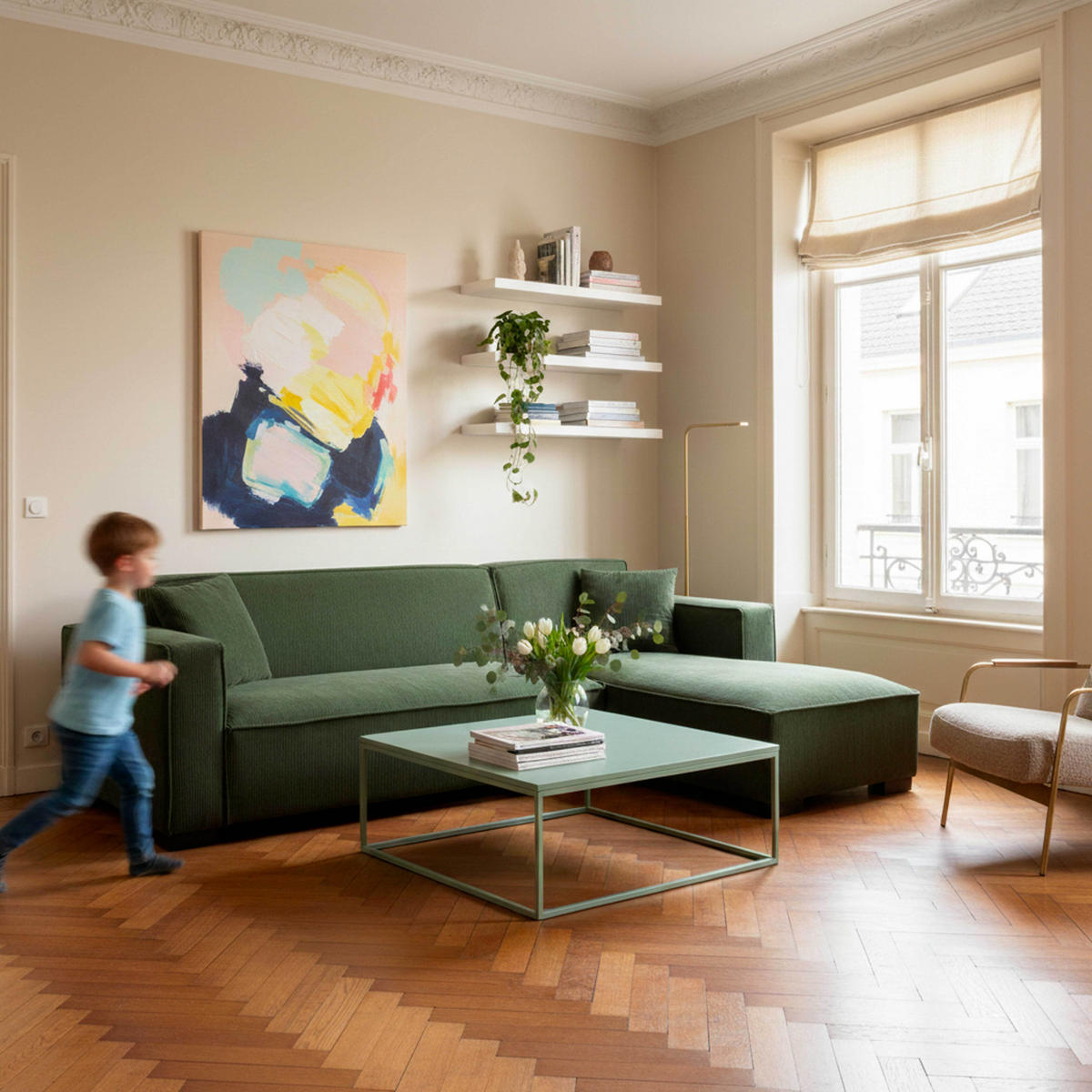 SOFA 3-Sitzer, Khakigrün - Grün, Holz/Textil (247/160cm) - Oviala