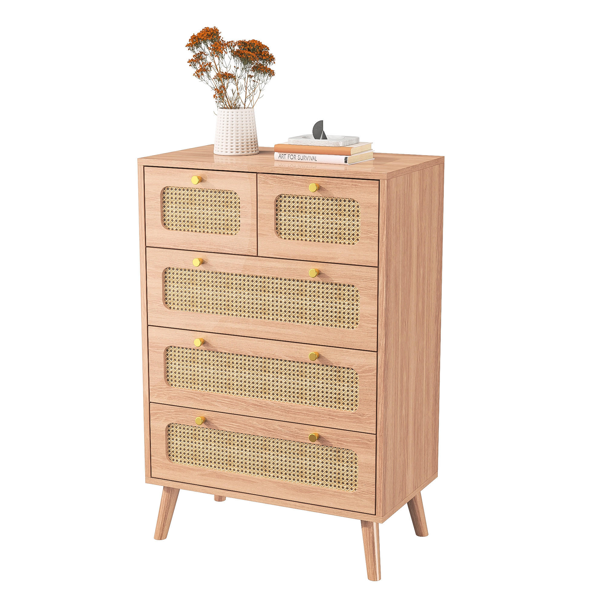 KOMMODE mit 5 Schubladen, Massivholzbeinen, Modernes Design, Braun - Braun, Holz (34/91/60cm)