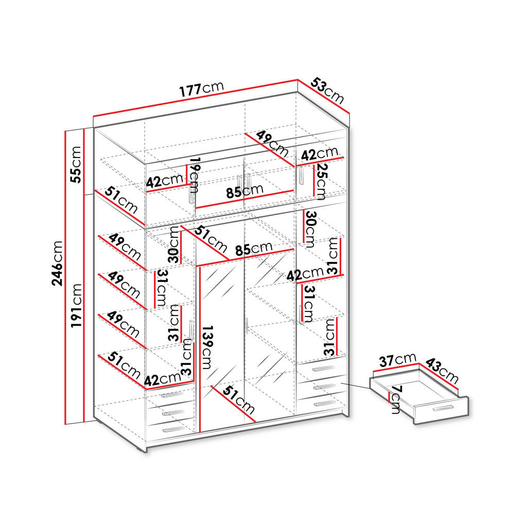 Thumbnail - Mirjan24 Kleiderschrank, Eiche, Kunststoff, 6 Schubladen, Rechteckig, 177x246x53 cm, Schlafzimmer, Kleiderschränke