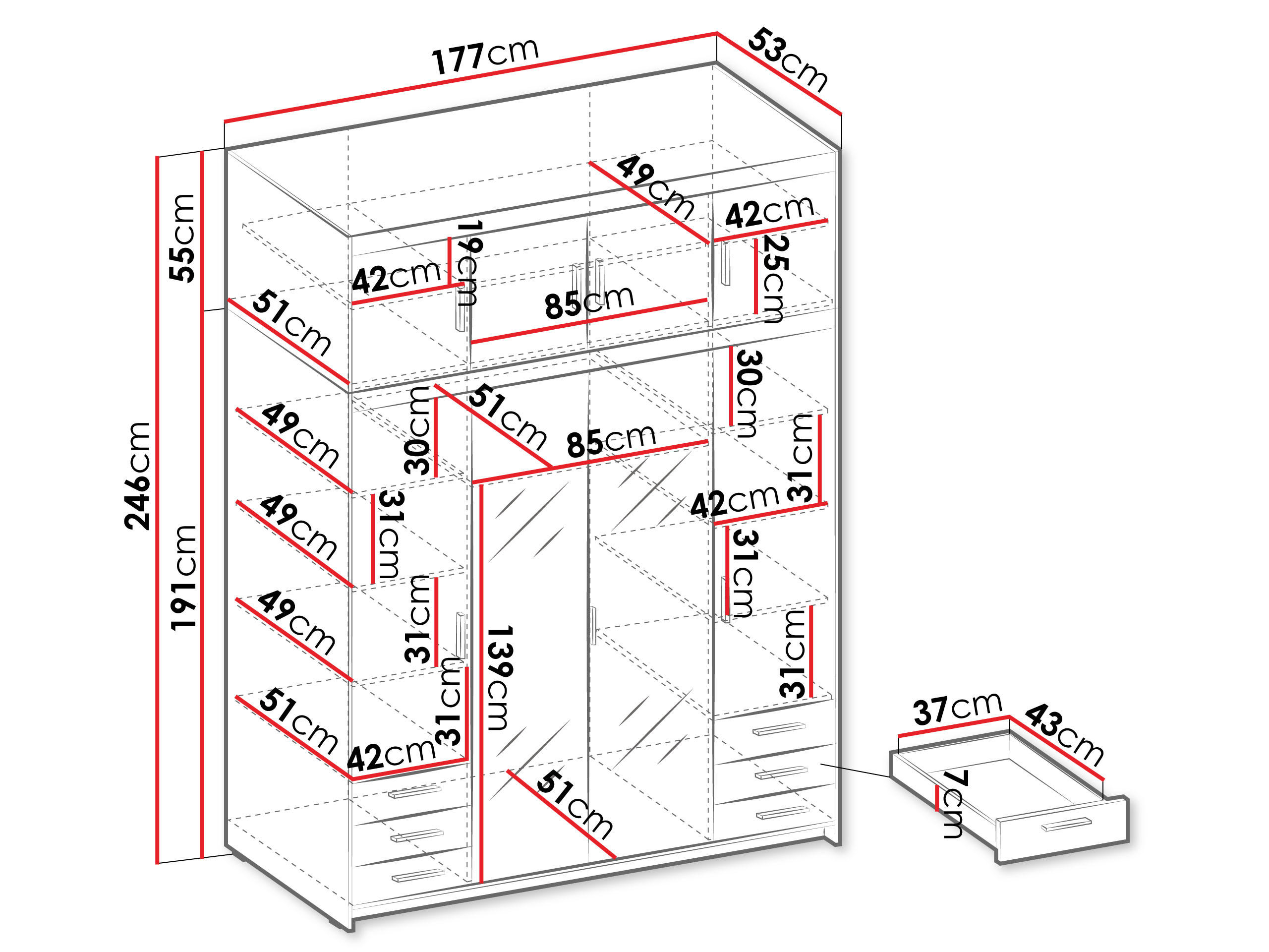 Thumbnail - Mirjan24 Kleiderschrank, Weiß, Kunststoff, 6 Schubladen, Rechteckig, 177x246x53 cm, Schlafzimmer, Kleiderschränke