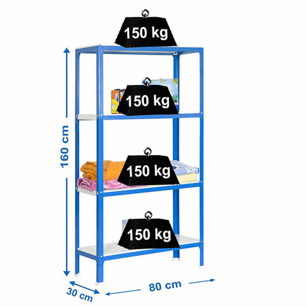 WOHNREGAL LIVING KOALA METAL mit 4 Fachböden | HxBxT 160x80x30cm | Fachlast 150kg | Blau/Weiß - Blau, Metall (80/160/30cm) - PROREGAL