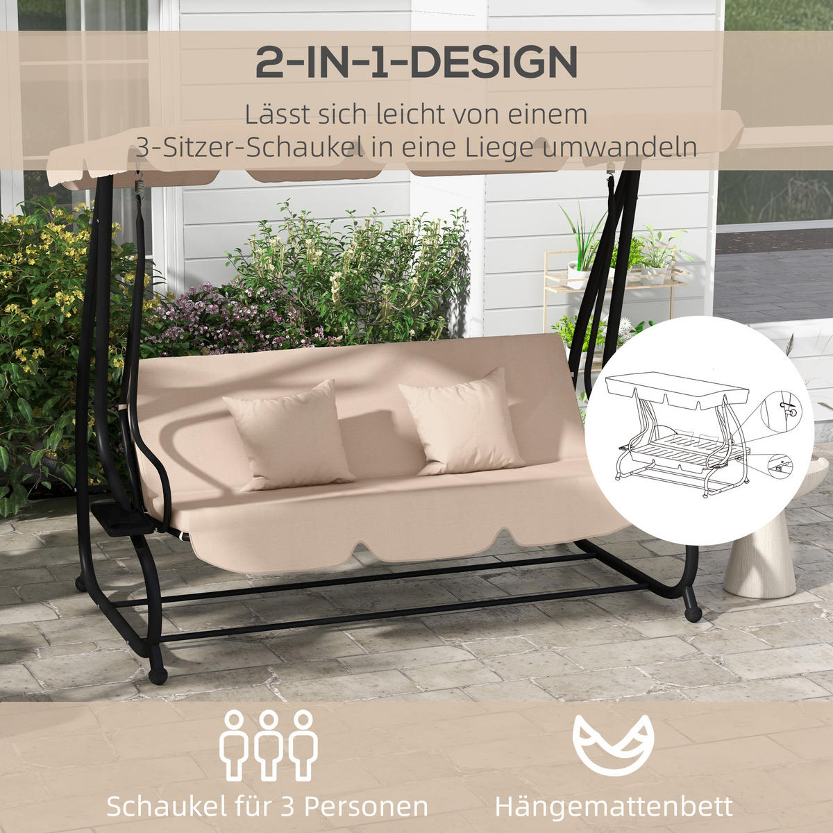 HOLLYWOODSCHAUKEL 3-Sitzer, 2in1 mit Liegefunktion - Braun, Kunststoff (120/164/200cm) - Outsunny