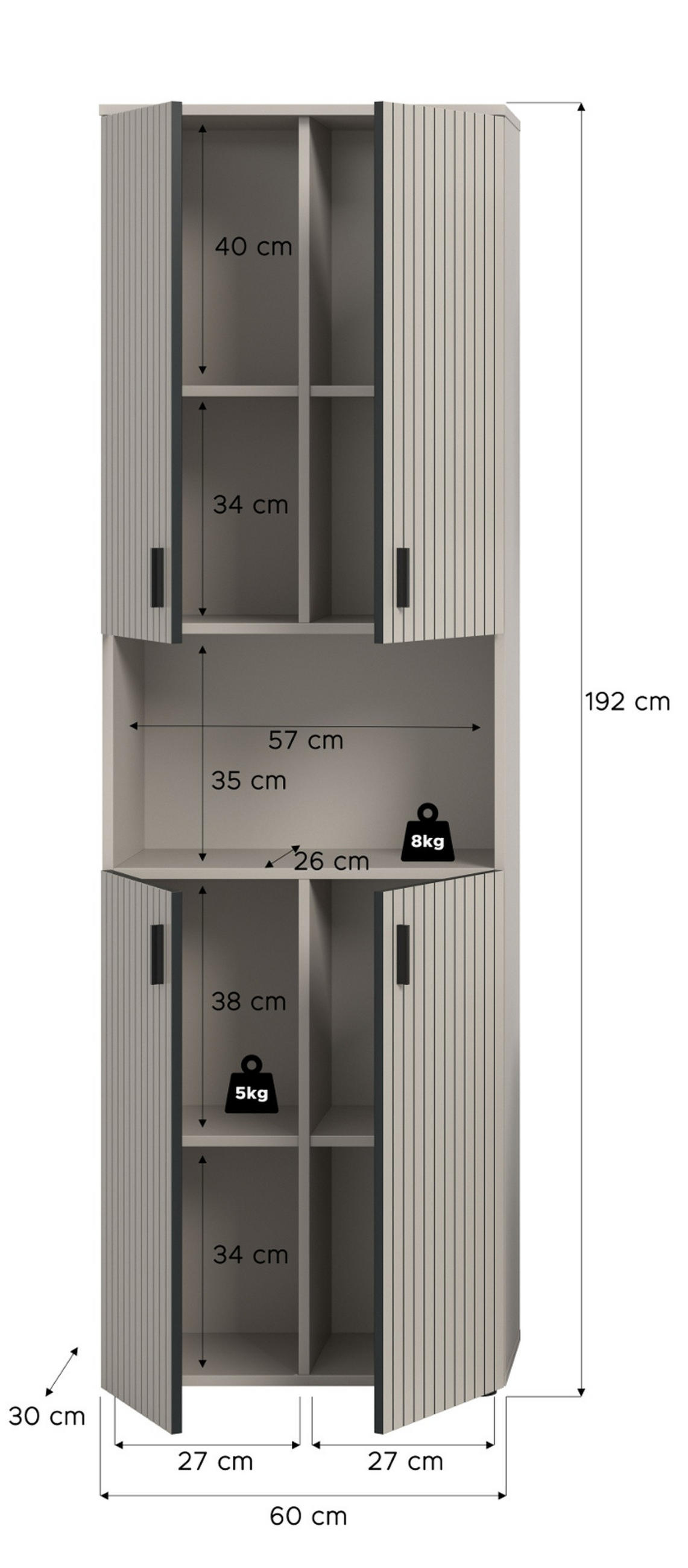 HOCHSCHRANK kaschmir 60 x 192 cm, Badschrank 4-türig - Kaschmir/Schwarz, Holzwerkstoff/Kunststoff (60/192/30cm) - Inn.Furn